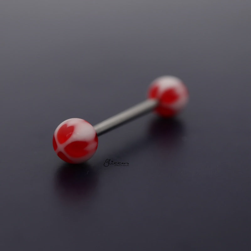 Four Hearts Acrylic Balls Tongue Barbell – Red