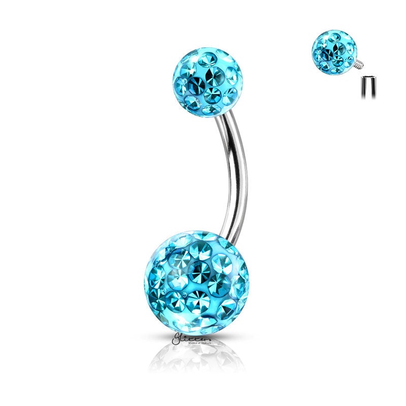 Internally Threaded Belly Button Ring with Epoxy Covered Crystal Paved Balls – Aqua