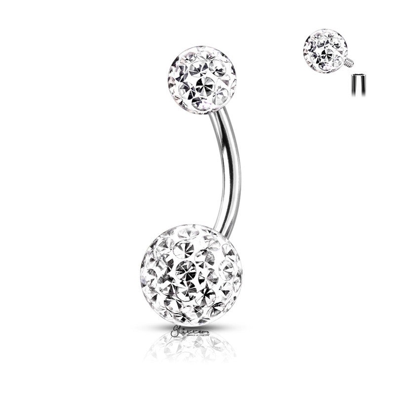 Internally Threaded Belly Button Ring with Epoxy Covered Crystal Paved Balls – Clear