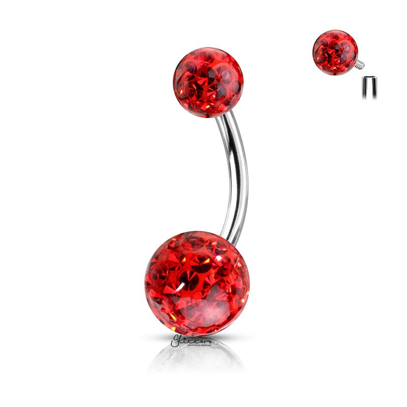 Internally Threaded Belly Button Ring with Epoxy Covered Crystal Paved Balls – Red