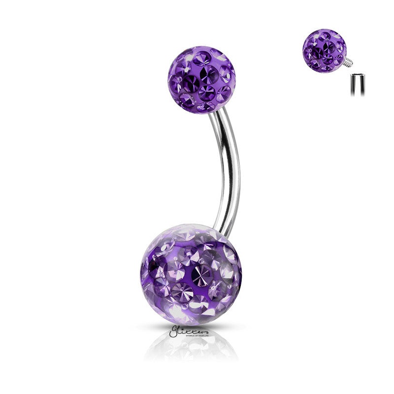 Internally Threaded Belly Button Ring with Epoxy Covered Crystal Paved Balls – Tanzanite