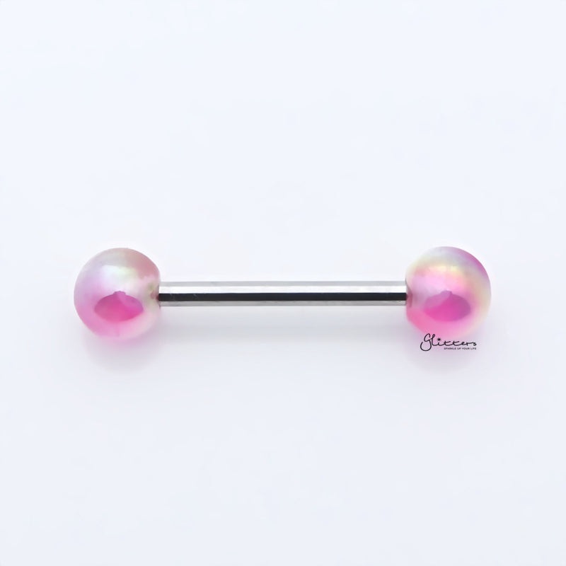 Metallic Aurora Borealis Coating Balls Tongue Barbell – Pink