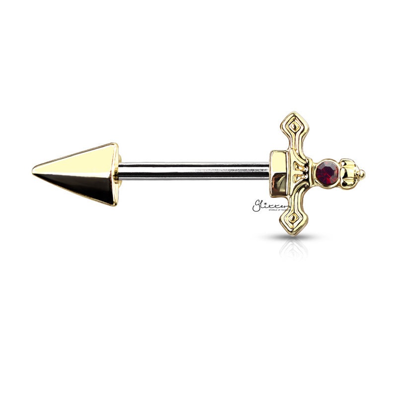 Red Gem Set Dagger Nipple Barbell – Gold