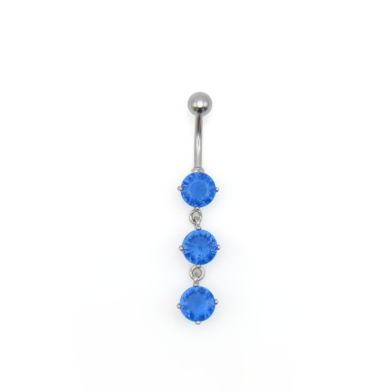 3 Round CZ Vertical Dangle Belly Button Ring Blue