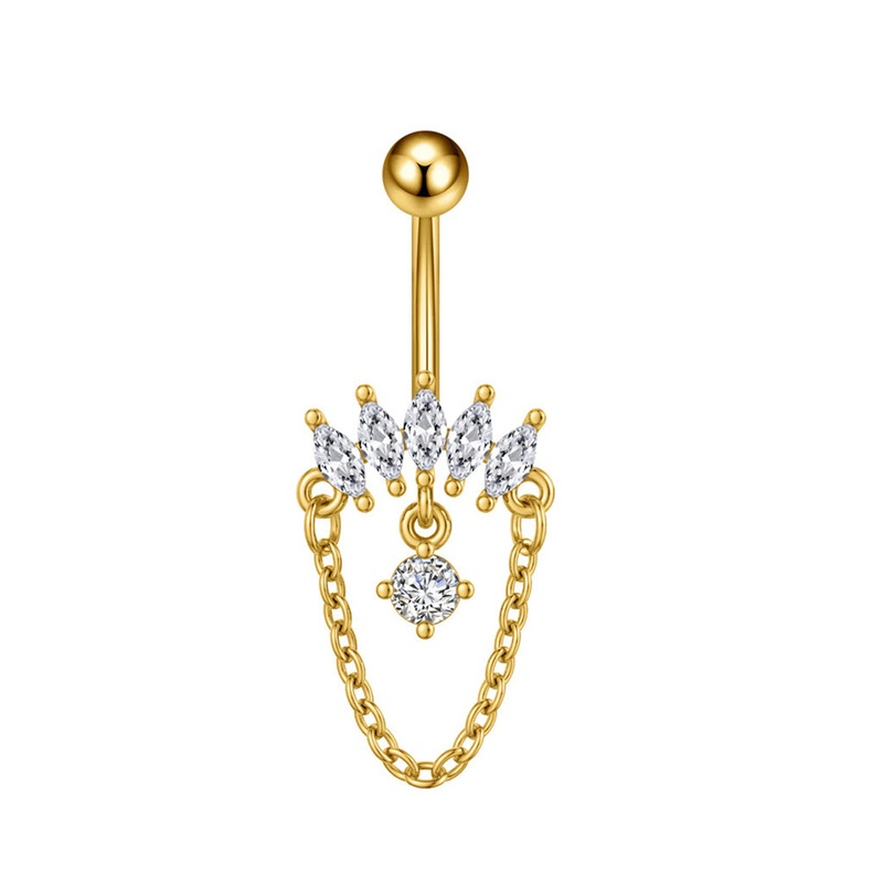 5 Marquise CZ and Chain Dangle Belly Button Navel Ring – Gold