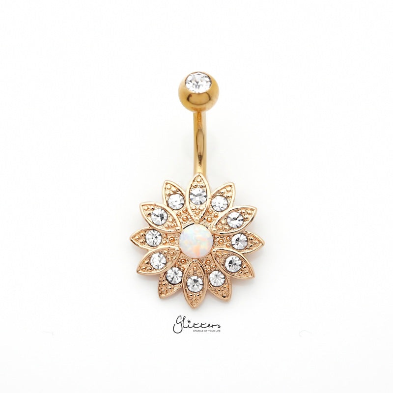 Crystal Paved Flower with Opal Center Belly Button Navel Ring – Gold