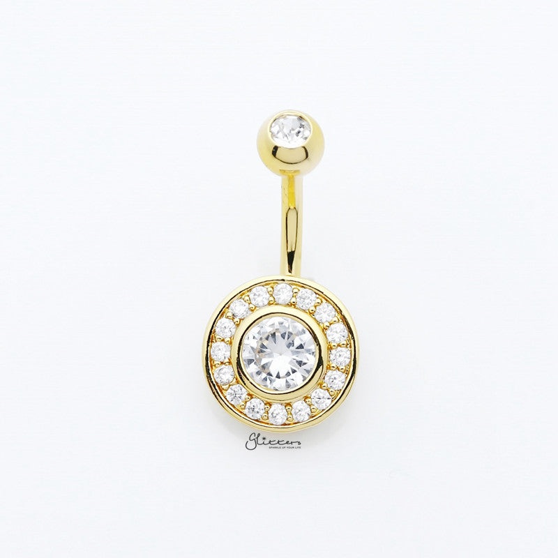 CZ Center Multi Gem Paved Circular Belly Button Navel Ring – Gold