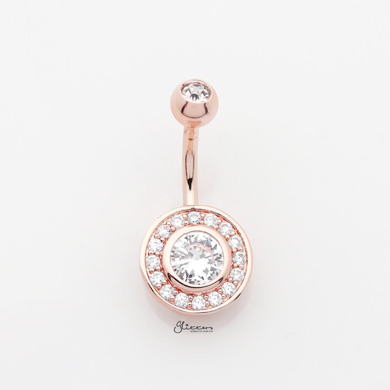 CZ Center Multi Gem Paved Circular Belly Button Navel Ring – Rose Gold