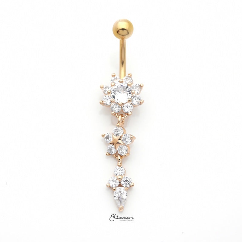 CZ Flowers Dangle Belly Button Navel Ring – Gold
