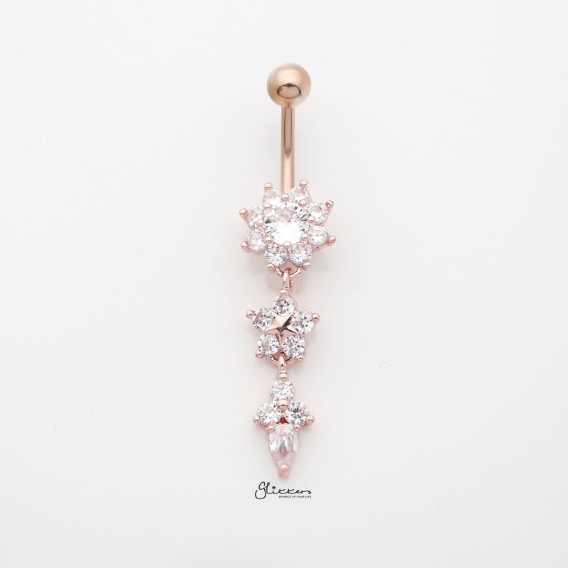 CZ Flowers Dangle Belly Button Navel Ring – Rose Gold