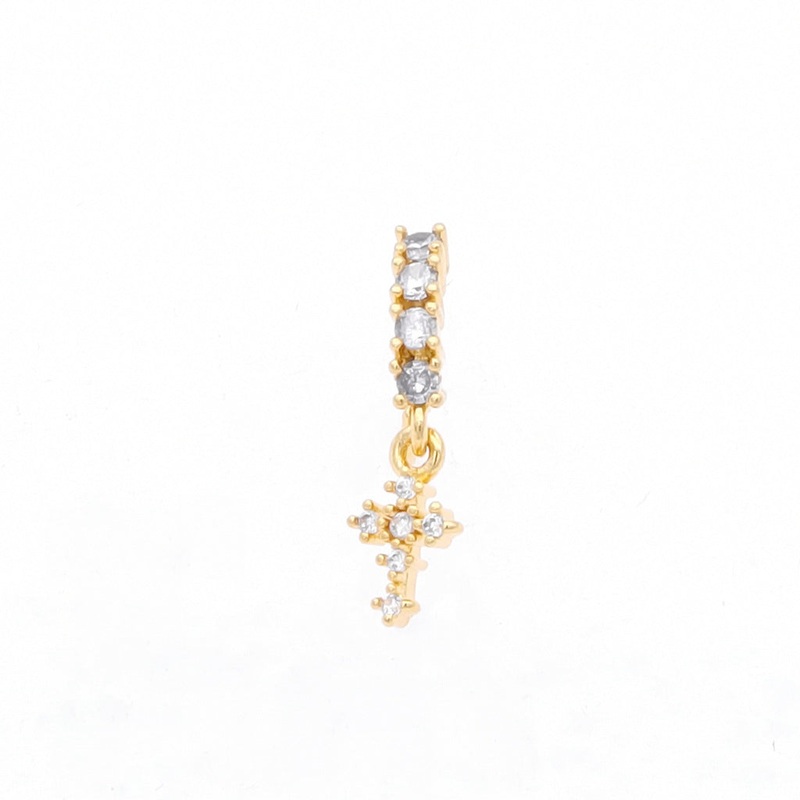 CZ Hoop Nose Ring with Dangle CZ Cross – Gold