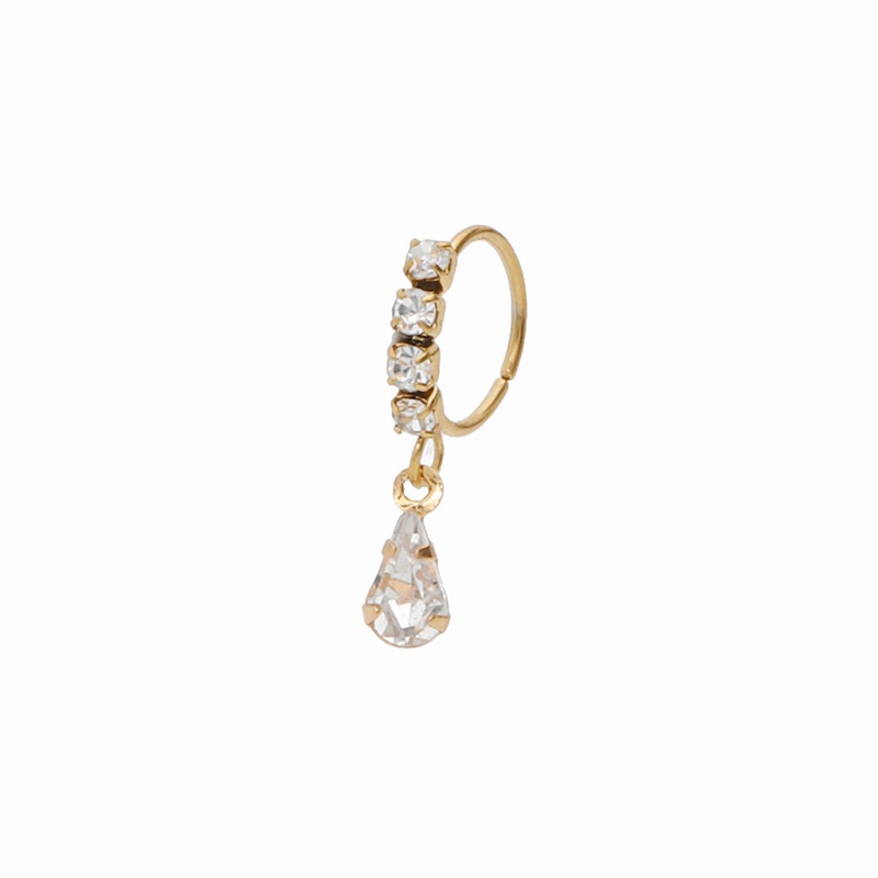 CZ Hoop Nose Ring with Dangle Teardrop CZ – Gold