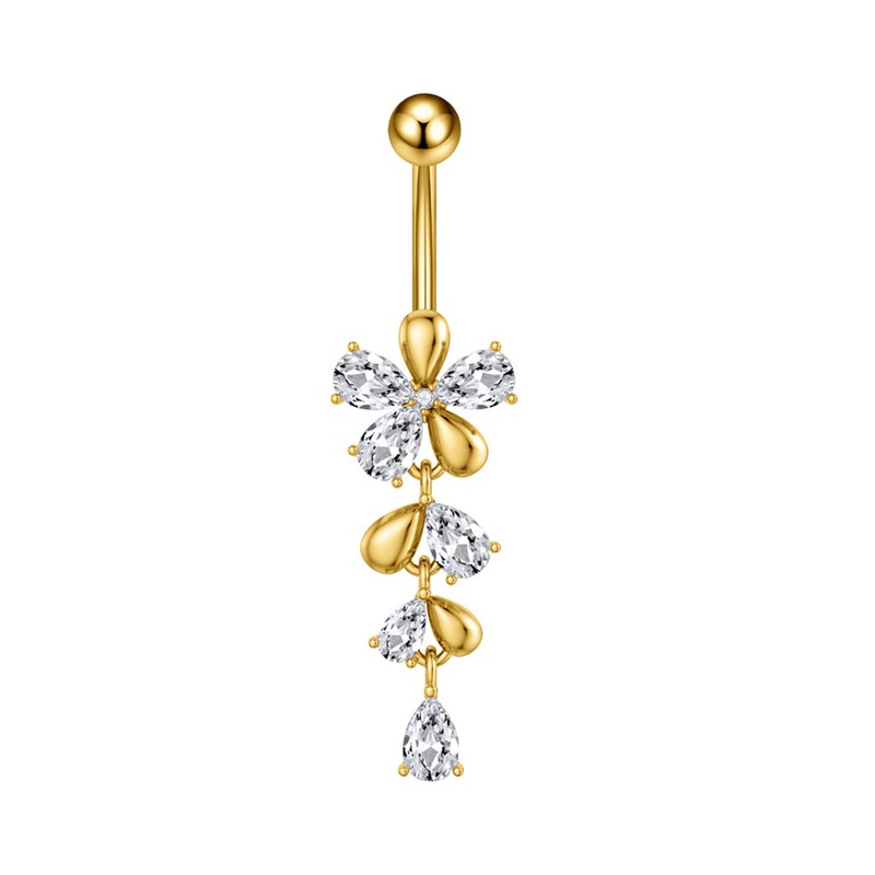 Flower CZ Dangle Belly Button Navel Ring – Gold