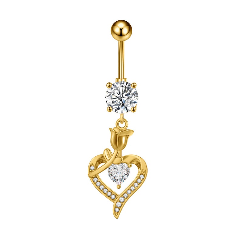 Rose and Heart CZ Dangle Belly Button Navel Ring – Gold