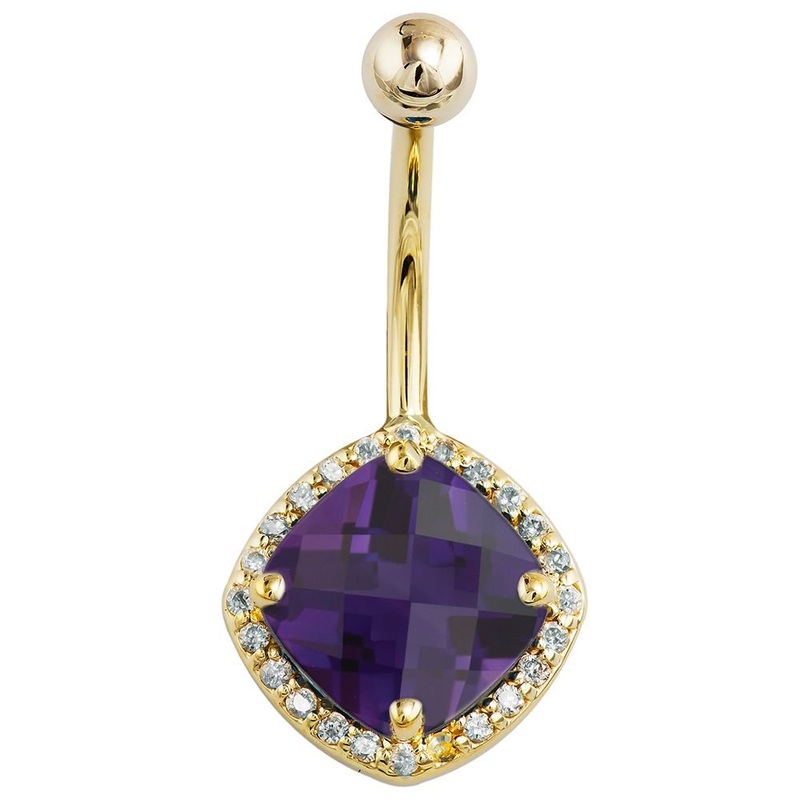 Amethyst & Diamond Antiqued Cushion-Cut Navel Ring 14k Yellow Gold 1/4″ (6mm)