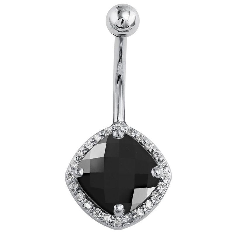 Black Onyx & Diamond Antiqued Cushion-Cut Navel Ring 14k White Gold 1/4″ (6mm)