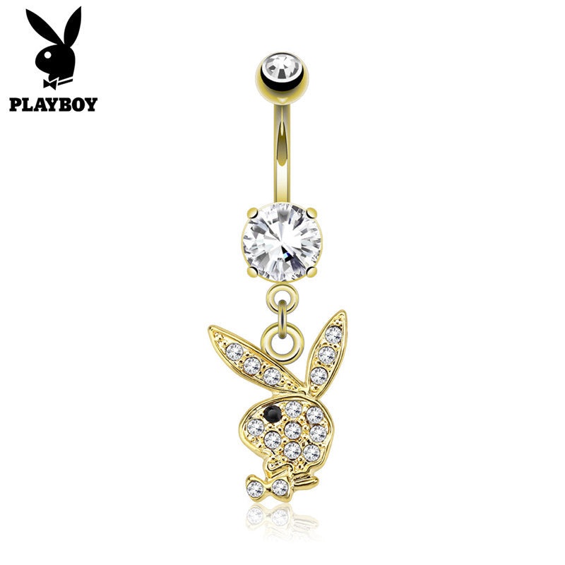 Clear Crystal Paved Playboy Bunny Dangle Belly Button Navel Ring – Gold