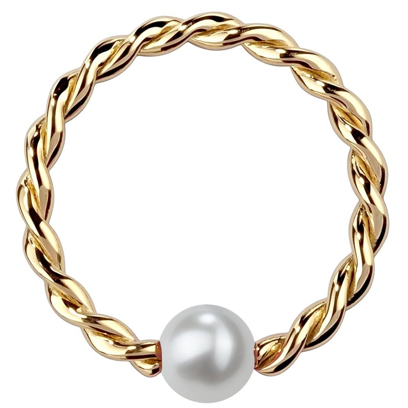 Cultured Pearl 14K Gold Twisted Captive Bead Ring 14K Yellow Gold 18G (1.0mm) 1/4″ (6mm)