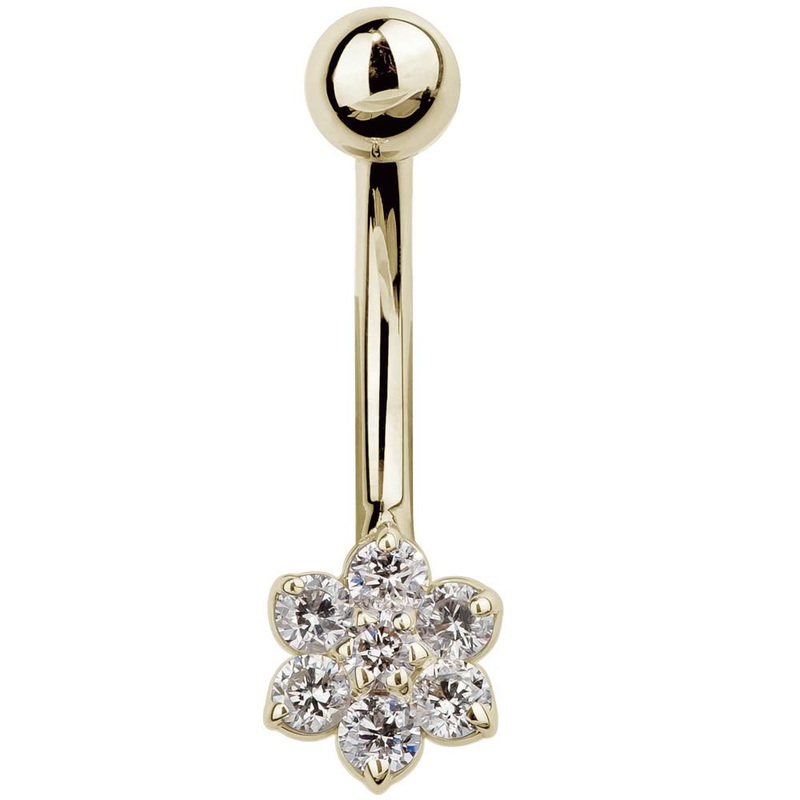 Diamond Flower Navel Ring 14k Yellow Gold 1/4″ (6mm)