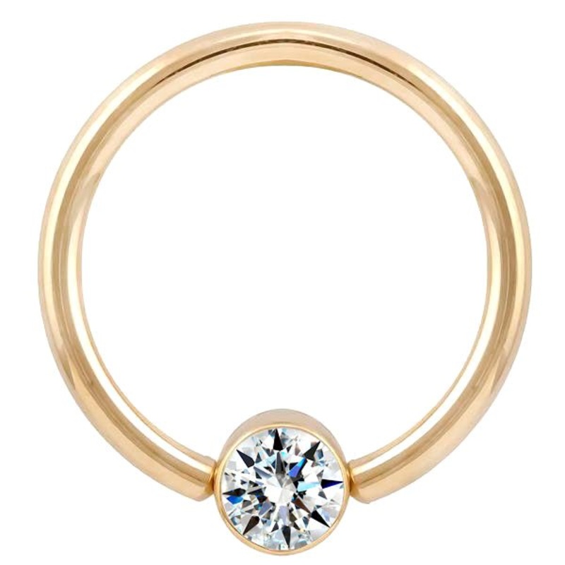 Diamond Round Bezel 14K Gold Fixed Bead Ring 14K Yellow Gold 14G (1.6mm) 3/8″ (9.5mm)