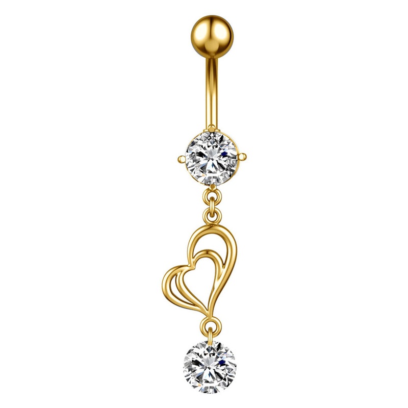 Double Heart with CZ Dangle Belly Button Ring – Gold