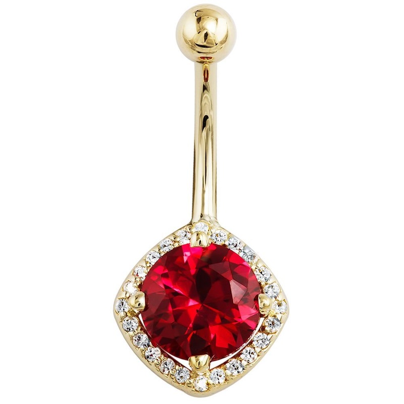 Garnet & Diamond Antiqued Cushion-Cut Navel Ring 14k Yellow Gold 1/4″ (6mm)