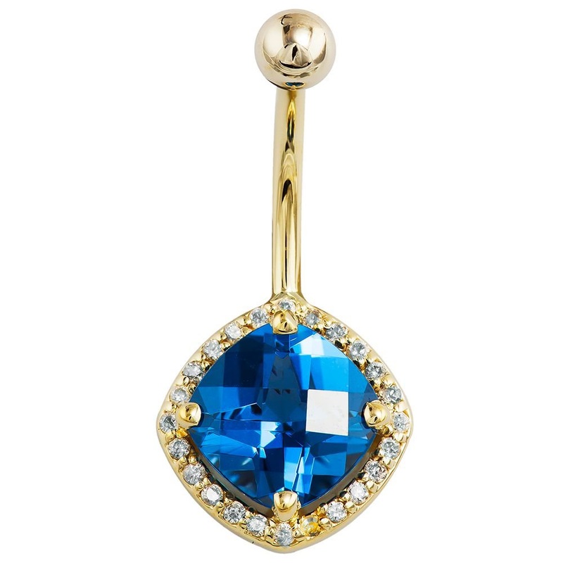London Blue Topaz & Diamond Antiqued Cushion-Cut Navel Ring 14k Yellow Gold 1/4″ (6mm)