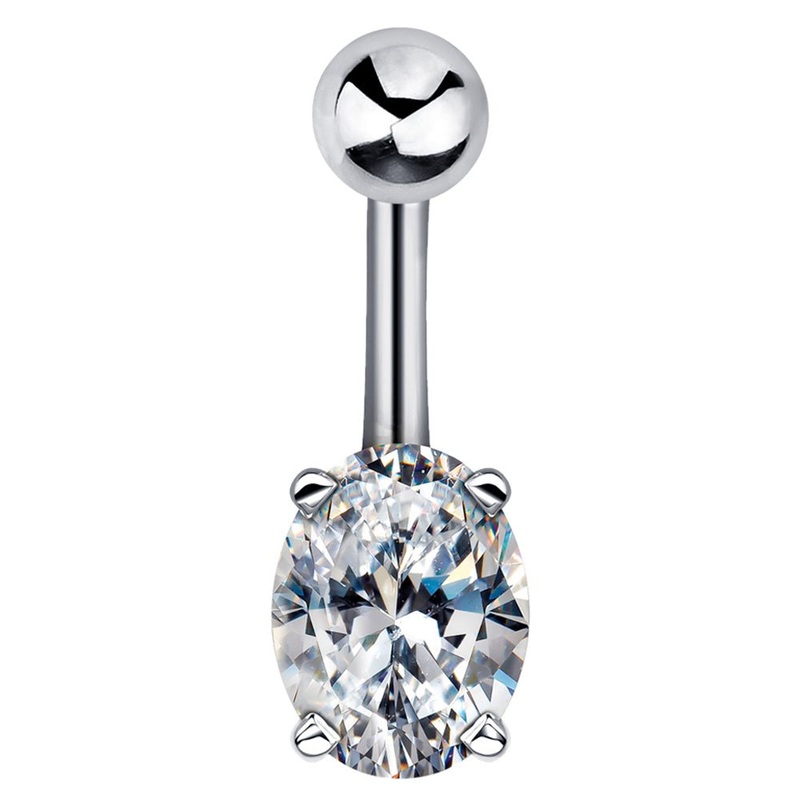 Oval Cubic Zirconia 14k Gold Navel Ring 14k Yellow Gold 1/4″ (6mm)