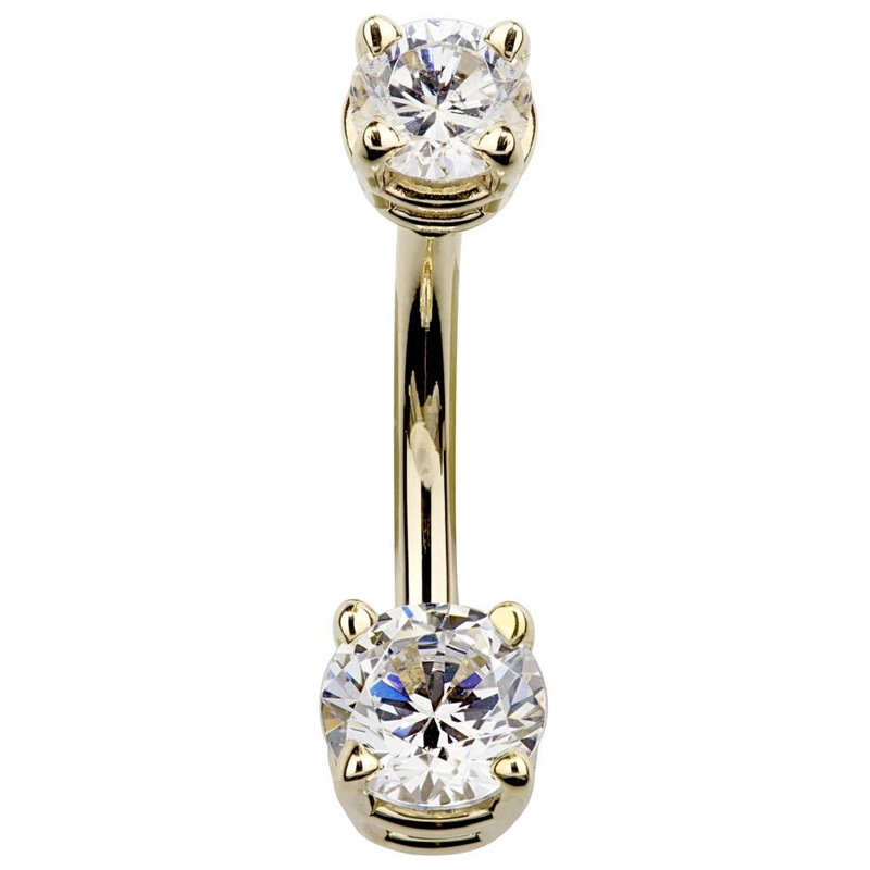 Petite Round Double Gem 14k Gold Navel Ring Clear 14k Yellow Gold 1/4″ (6mm)
