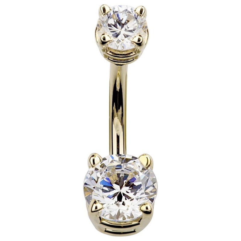 Round Double Gem 14k Gold Navel Ring Clear 14k Yellow Gold 1/4″ (6mm)
