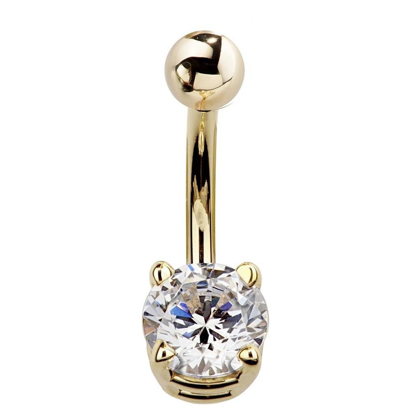 Round Solitaire Cubic Zirconia 14k Gold Navel Ring 14k Yellow Gold 1/4″ (6mm)