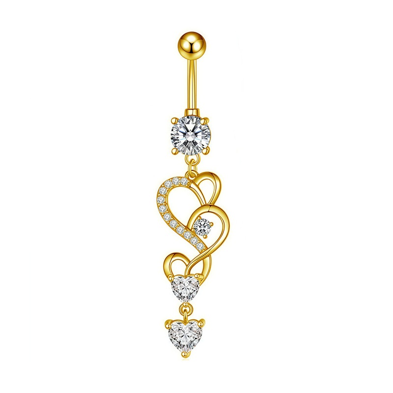 Triple CZ Heart Dangle Belly Button Ring – Gold