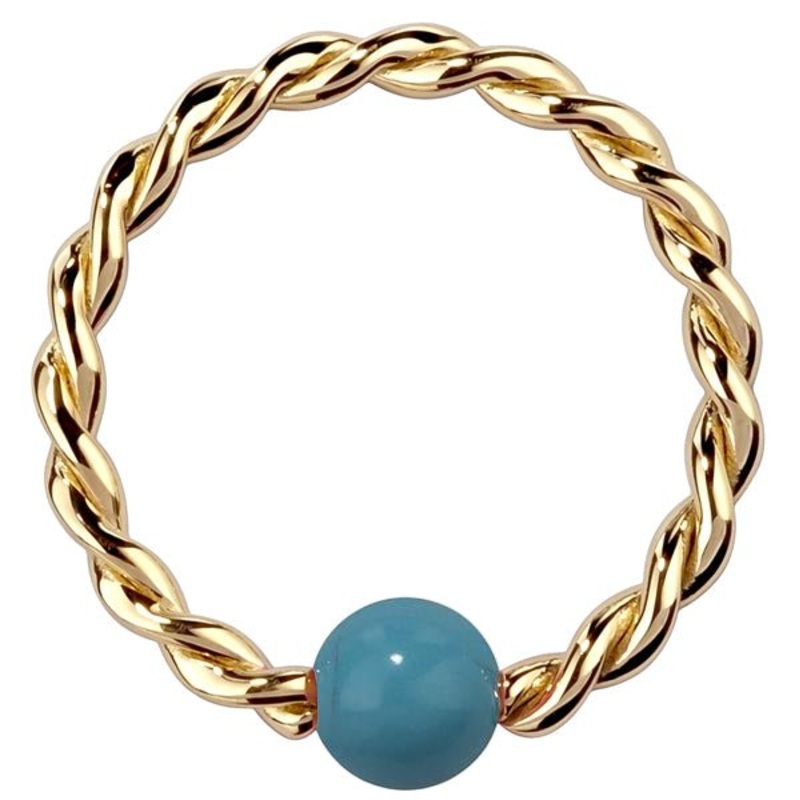 Turquoise 14K Gold Twisted Captive Bead Ring 14K Yellow Gold 14G (1.6mm) 5/16″ (8mm)