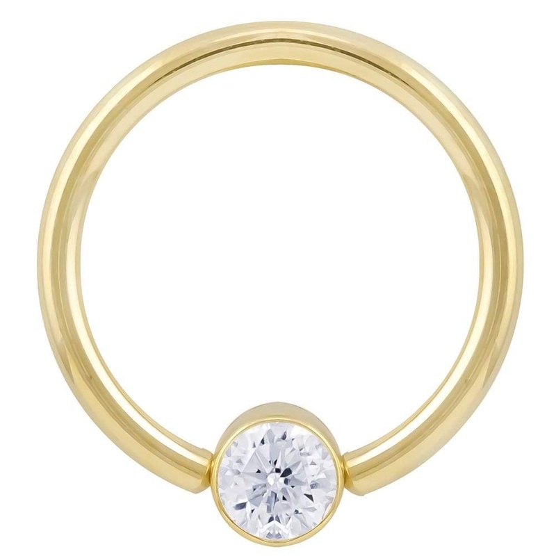 Cubic Zirconia Round Bezel 14k Gold Fixed Bead Ring 14K Yellow Gold 18G (1.0mm) 5/16″ (8mm)