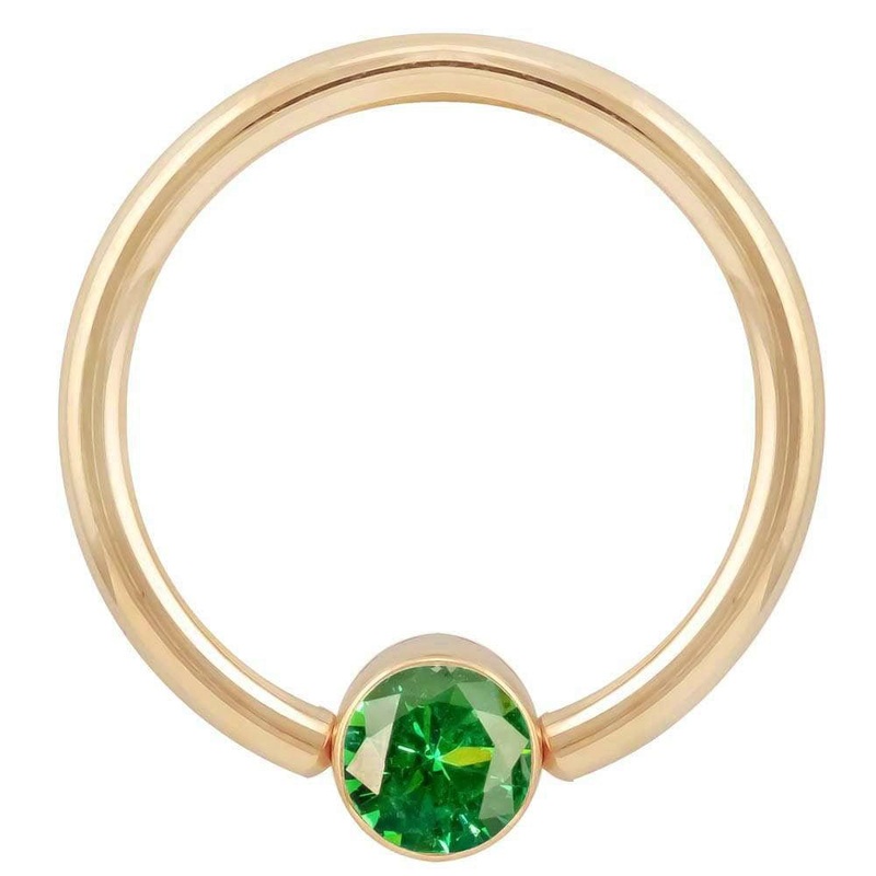 Green Cubic Zirconia Round Bezel 14k Gold Fixed Bead Ring 14K Yellow Gold 18G (1.0mm) 5/16″ (8mm)