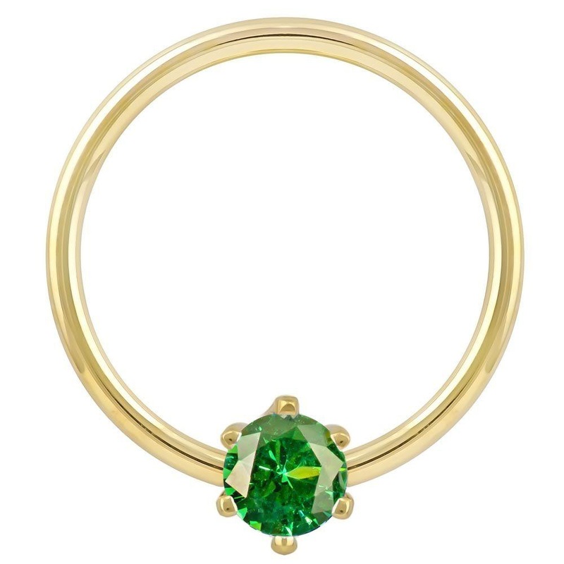 Green Cubic Zirconia Round Prong 14k Gold Fixed Bead Ring 14K Yellow Gold 18G (1.0mm) 5/16″ (8mm)