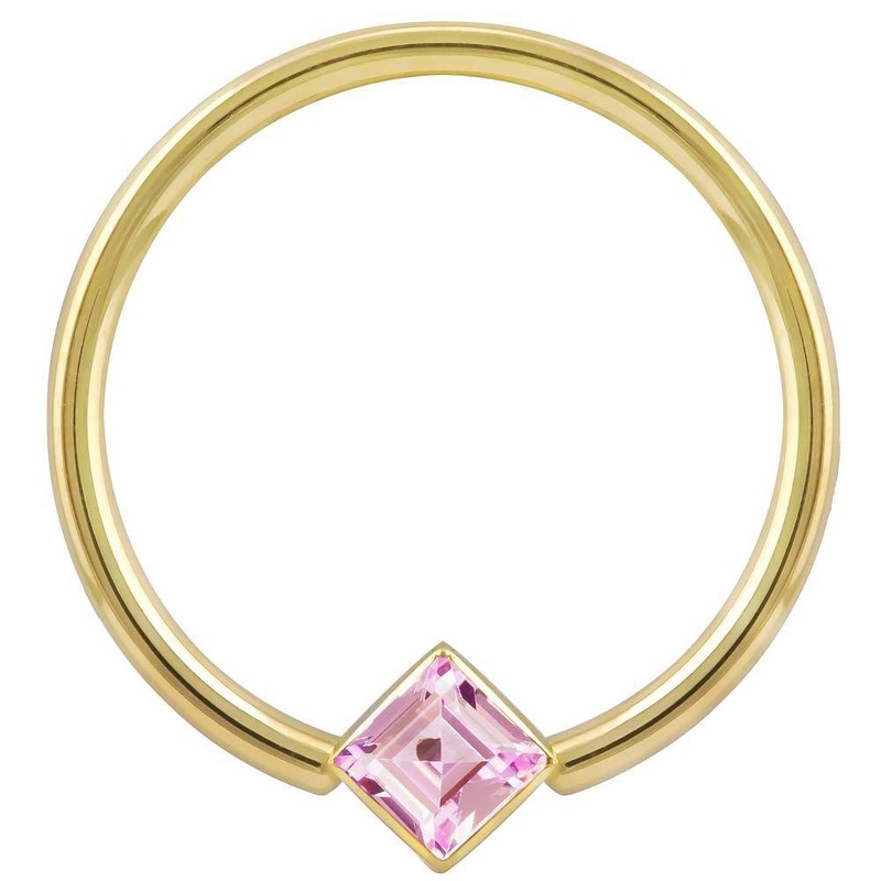 Pink Cubic Zirconia Princess Cut Corner Mount 14k Gold Fixed Bead Ring 14K Yellow Gold 18G (1.0mm) 5/16″ (8mm)