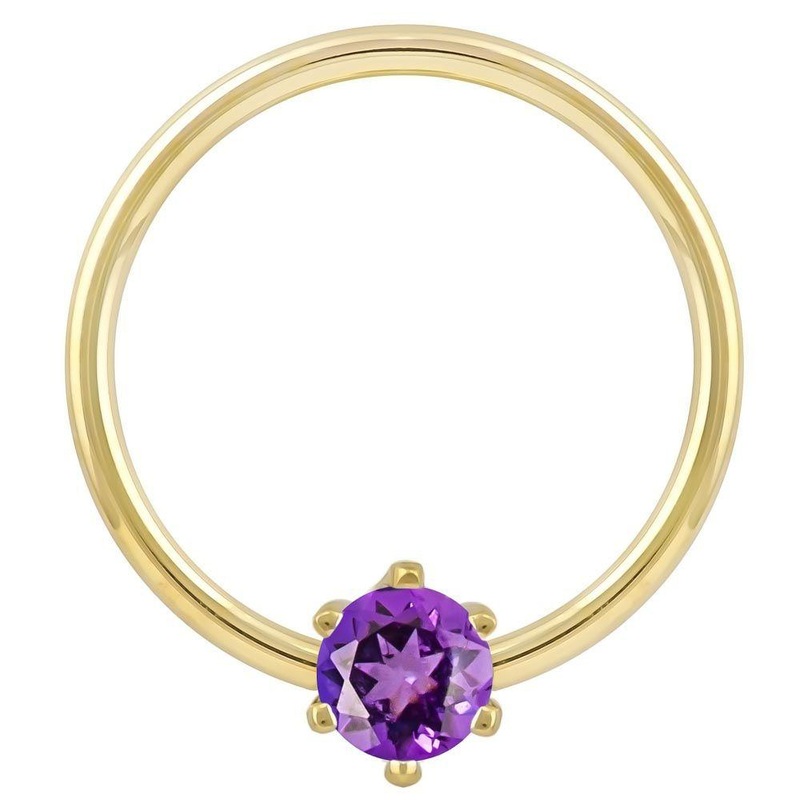 Purple Cubic Zirconia Round Prong 14k Gold Fixed Bead Ring 14K Yellow Gold 18G (1.0mm) 5/16″ (8mm)