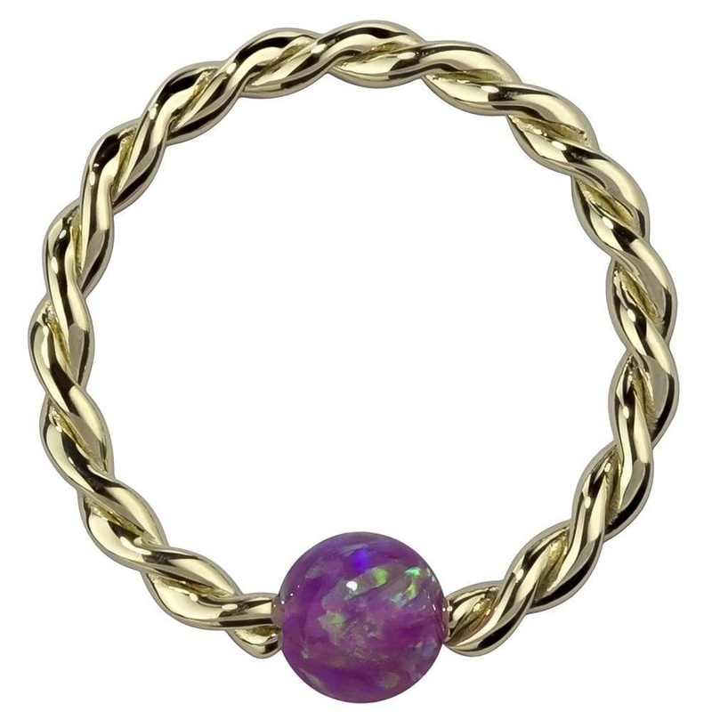 Purple Opal 14K Gold Twisted Captive Bead Ring Hoop 14K Yellow Gold 18G (1.0mm) 1/4″ (6mm)