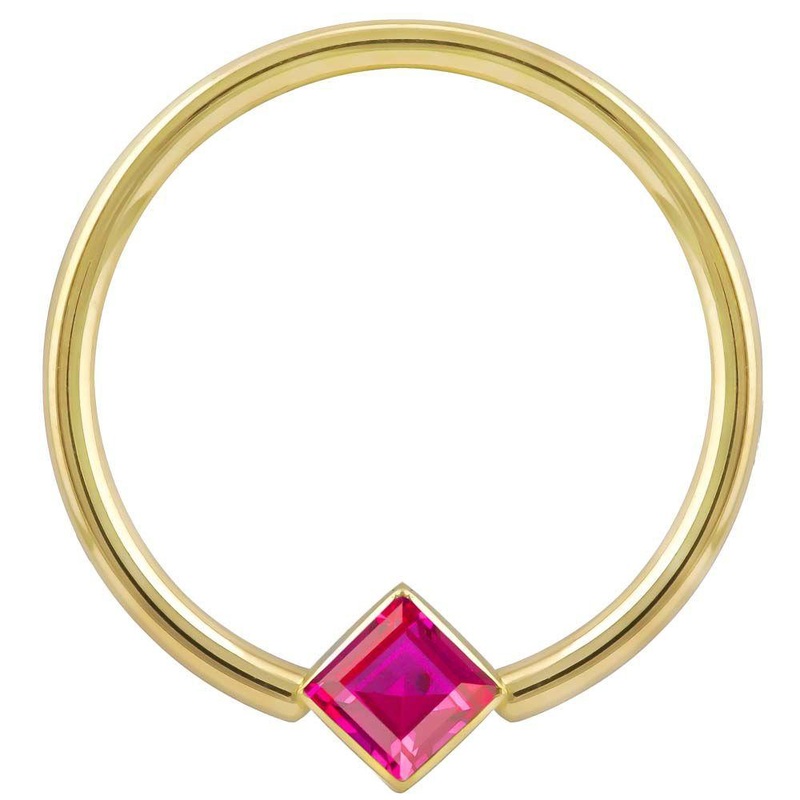 Red Cubic Zirconia Princess Cut Corner Mount 14k Gold Fixed Bead Ring 14K Yellow Gold 18G (1.0mm) 5/16″ (8mm)