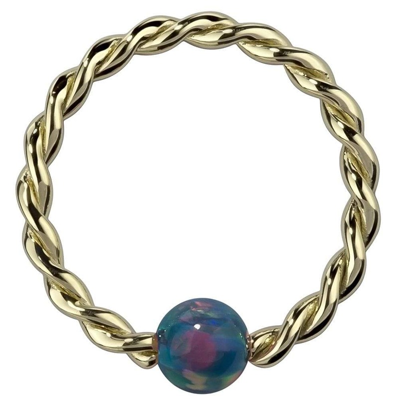 Teal Opal 14K Gold Twisted Captive Bead Ring Hoop 14K Yellow Gold 18G (1.0mm) 1/4″ (6mm)