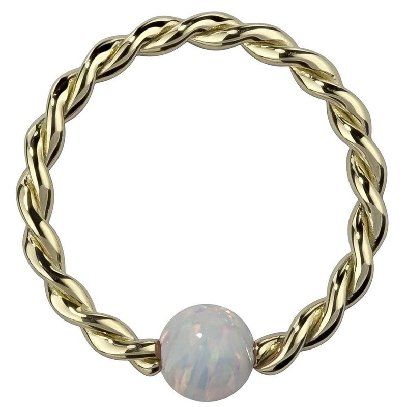 White Opal 14K Gold Twisted Captive Bead Ring Hoop 14K Yellow Gold 18G (1.0mm) 1/4″ (6mm)