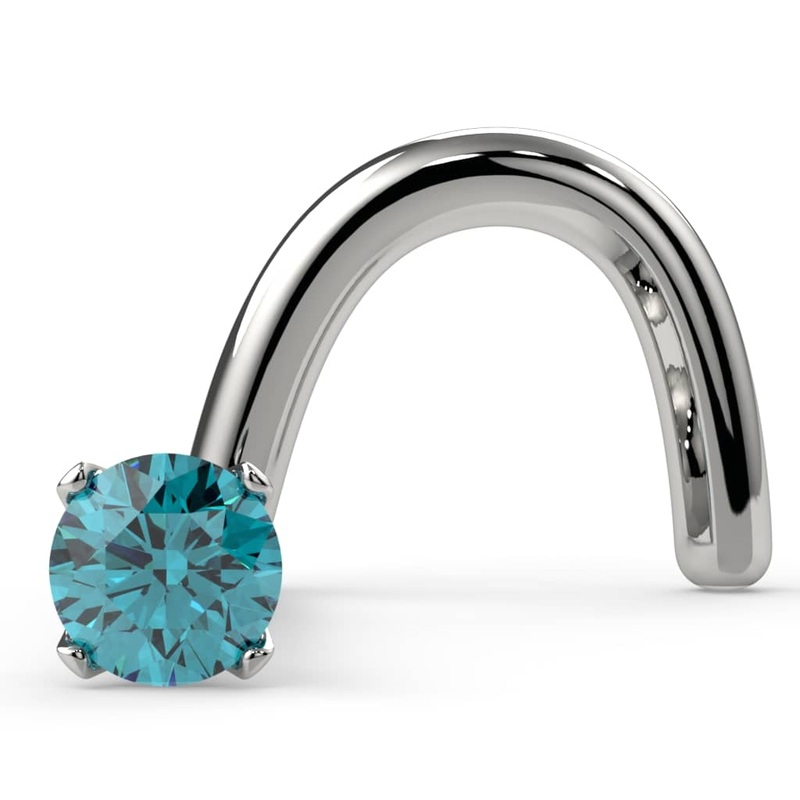 1.5mm Blue Diamond Prong Nose Ring Stud 14k White Gold Twist 20G