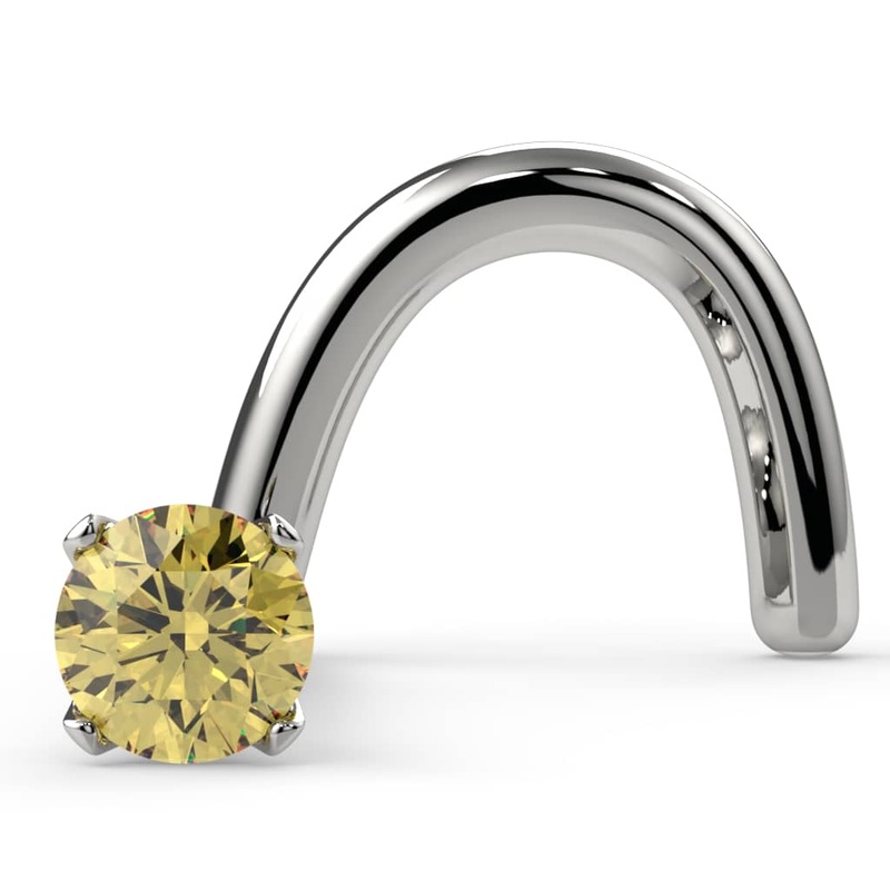 1.5mm Yellow Diamond Prong Nose Ring Stud 14k White Gold Twist 20G