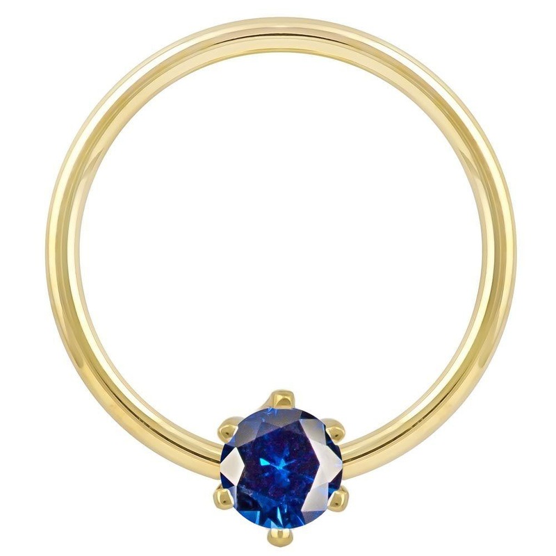 Blue Cubic Zirconia Round Prong 14k Gold Fixed Bead Ring 14K Yellow Gold 18G (1.0mm) 5/16″ (8mm)