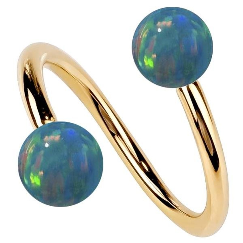 Teal Opal 14k Gold Twister Spiral Barbell 14K Yellow Gold 18G 5/16″ (8mm)