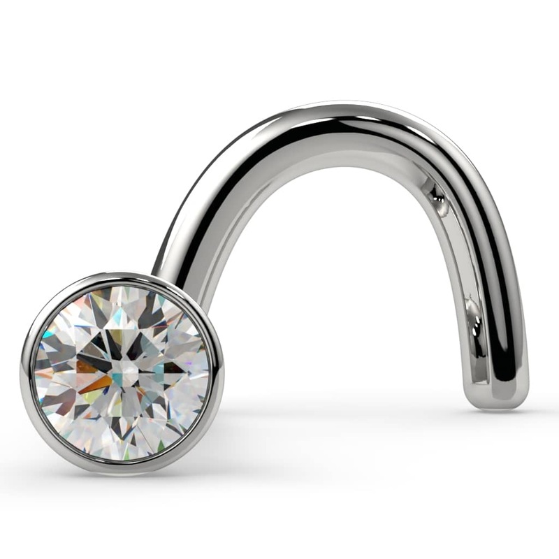 1.7mm Dainty Diamond Bezel Nose Ring Stud 14K White Gold Twist 20G