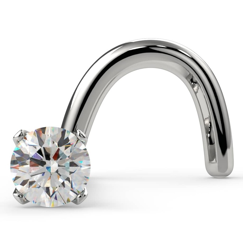1.7mm Dainty Diamond Prong Nose Ring Stud 14K White Gold Twist 20G