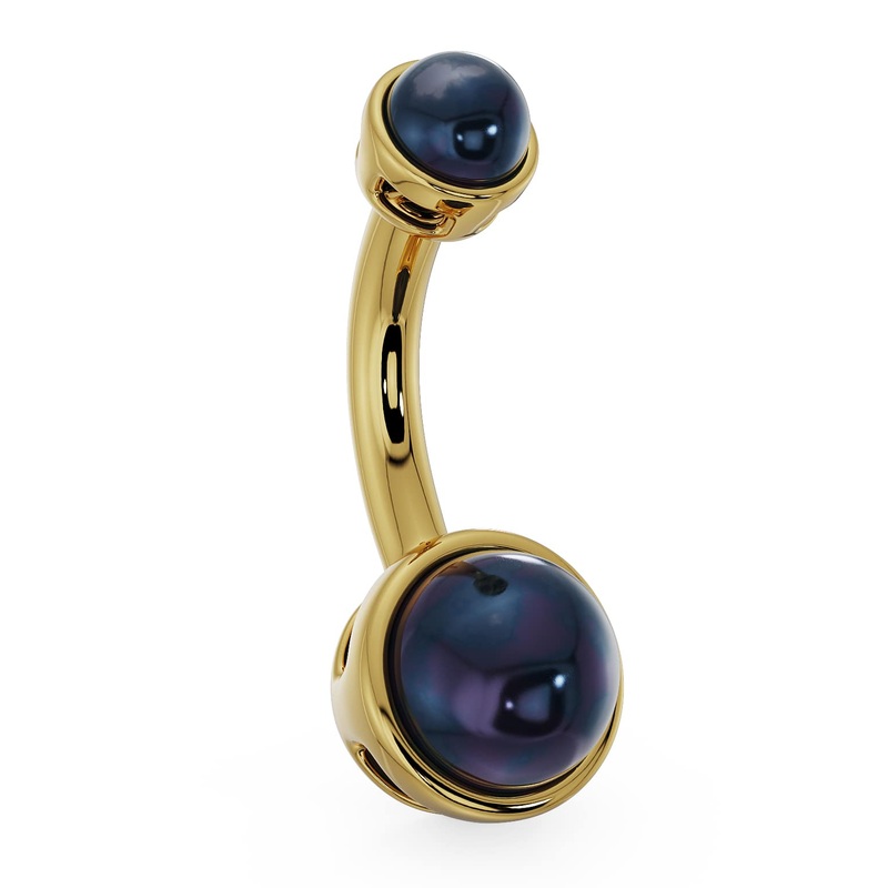 Black Akoya Pearl Bezel-Set 14k Gold Navel Ring 14k Yellow Gold 1/4″ (6mm)