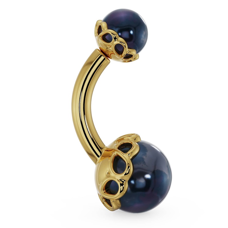 Black Akoya Pearl Scroll Setting 14k Gold Navel Ring 14k Yellow Gold 1/4″ (6mm)